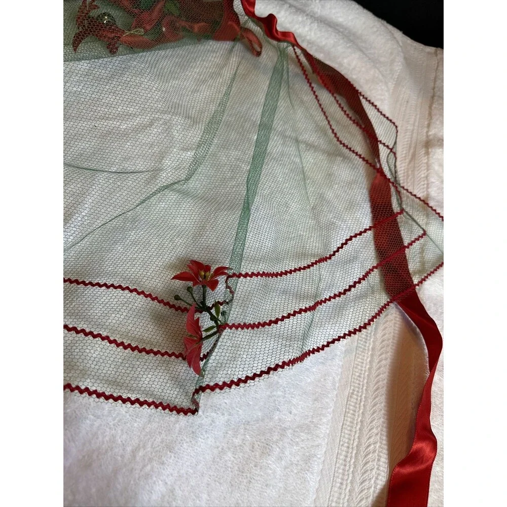 Christmas Apron Poinsettia And Jingle Bells Green Red Vtg MCM Retro Sheer Half